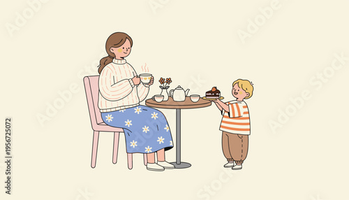 Mother and Child Drinking Tea Together at Home Cozy Illustration