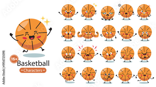Cute Basketball Characters with Different Poses and gestures. Sports mascots with various activities