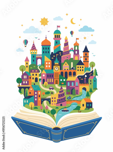 A vibrant, whimsical fantasy city with colorful buildings, hot air balloons, and a river, emerging from an open blue storybook, symbolizing imagination and storytelling.