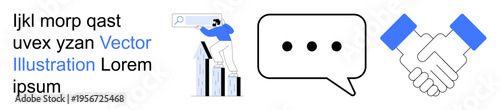Business solutions, teamwork, communication, collaboration, growth, online search concept. A person climbing chart with a search bar, a speech bubble handshake graphic. Communication
