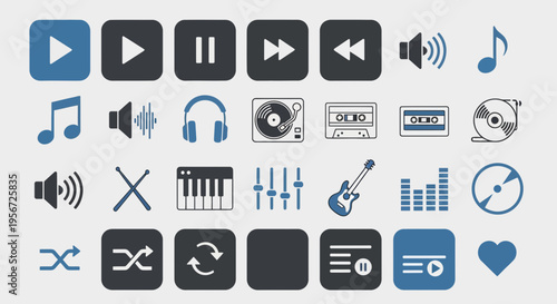 Music Icons Collection: Play, Pause, Volume, Headphones, Turntable, Guitar, CD