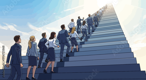 Business people climbing stairs towards bright sky, representing success and career growth.