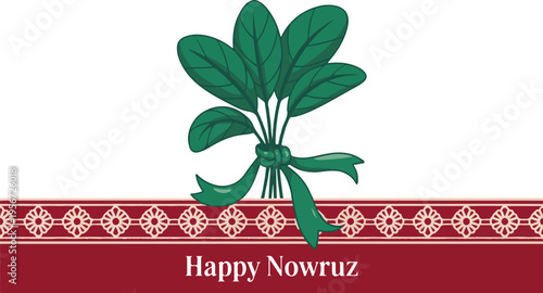Happy nowruz greeting with fresh green sabzeh tied with a ribbon and pattern