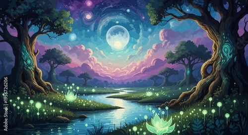 Enchanting Pixel Art Forest Landscape with Full Moon and Cosmic Sky