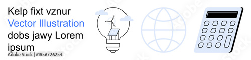 Renewable energy, global communication, sustainable living, technology use, education, and innovation. Lightbulb with windmill, globe and calculator icons. Renewable energy and global communication