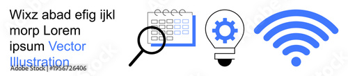 Data analysis, scheduling, innovation, connectivity, research, planning. Magnifying glass, calendar gear light bulb and wireless signal icons. Data analysis and scheduling concept