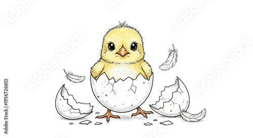 Cute yellow chick hatching from egg