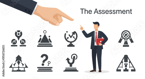 Business Assessment Icons with Businessman Pointing