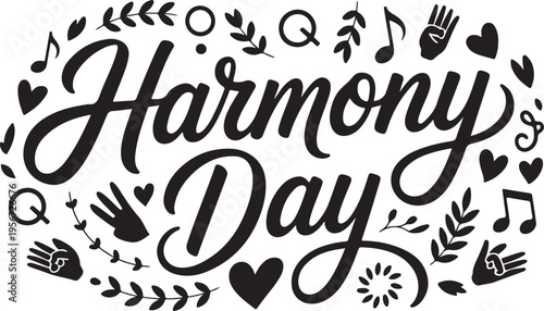 Harmony day with calligraphic script and various diverse cultural symbols