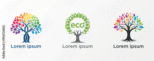 Colorful tree logos with variations in leaf color and design showcasing ecological themes