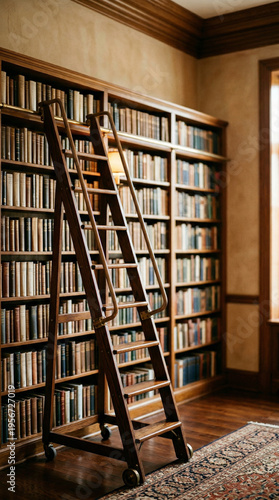 Cozy library with tall bookshelves and wooden ladder