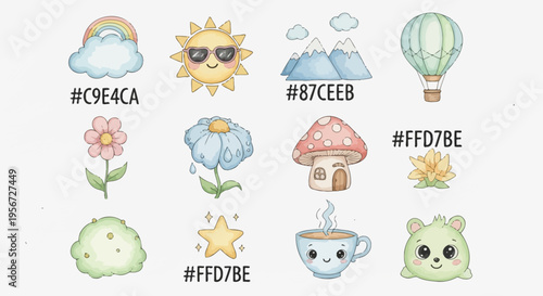 Kawaii Cute Watercolor Elements: Sun, Cloud, Mountains, Hot Air Balloon, Flower, Mushroom, Star, Coffee