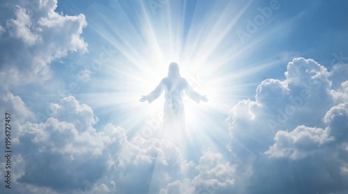 Jesus Christ silhouette above clouds with radiant light, resurrection hope and salvation, christian worship concept, Good Friday, Easter.