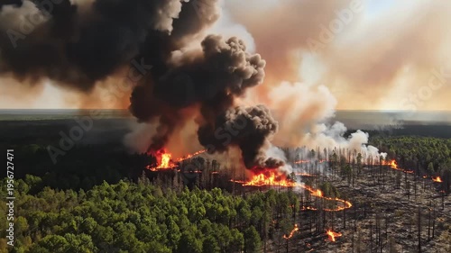 Massive forest fire burning through woodland area
