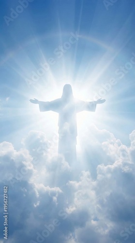 Jesus Christ silhouette with arms outstretched in bright clouds, divine glory and hope, christian faith concept, Good Friday, Easter.
