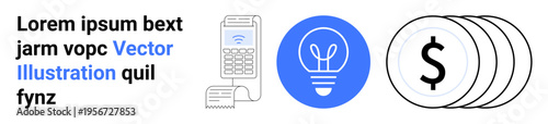 Digital payments, innovation, fintech, business solutions, energy efficiency, financial planning. A payment terminal, glowing lightbulb icon and money coins displayed. Digital payments