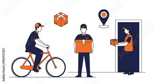 Illustration of online order delivery process with courier package and recipient