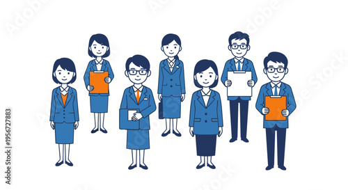 Diverse group of office workers display documents and notepads in a neutral setting