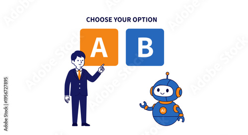 Man chooses between two options A or B with a robot companion nearby