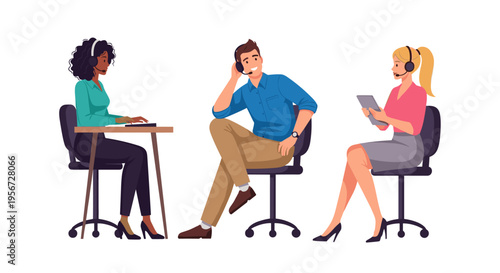 Illustration of diverse professionals working remotely with headsets and devices