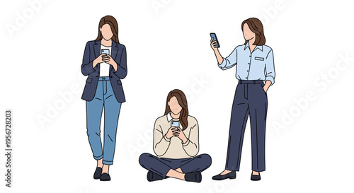 Collage of female figures interact with mobile devices in various relaxed poses