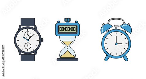 Collection of Timekeeping Devices: Alarm Digital Hourglass and Wristwatch Illustration