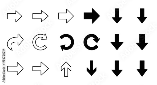 Diverse Collection of Black and White Arrow Icons for Navigation and Direction