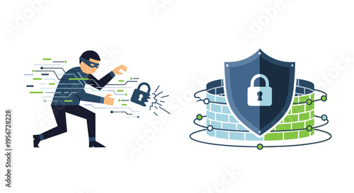 Digital Security Shield with Lock and Thief Failing to Breach System Illustration