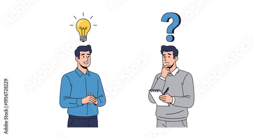 Illustration of a Man Pondering a Question Followed by a Bright Idea Solution
