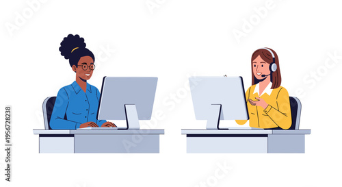 Diverse Customer Service Representatives Work Diligently at Their Desks
