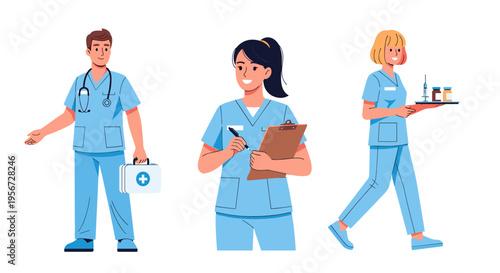 Medical Professionals in Blue Scrubs: Diverse Cartoon Characters for Healthcare Themes