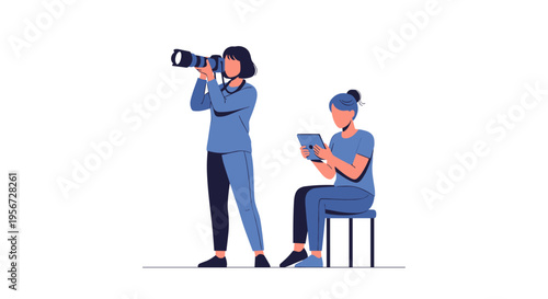 Two creative professionals capture content with camera and tablet in flat illustration style