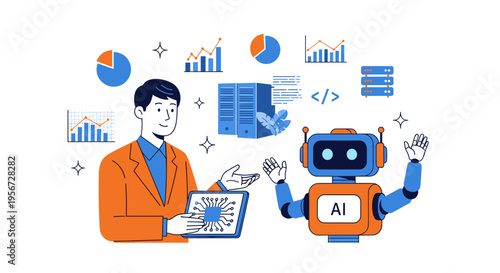 Human and Robot Interaction with Data AI and Technology Concepts Illustration