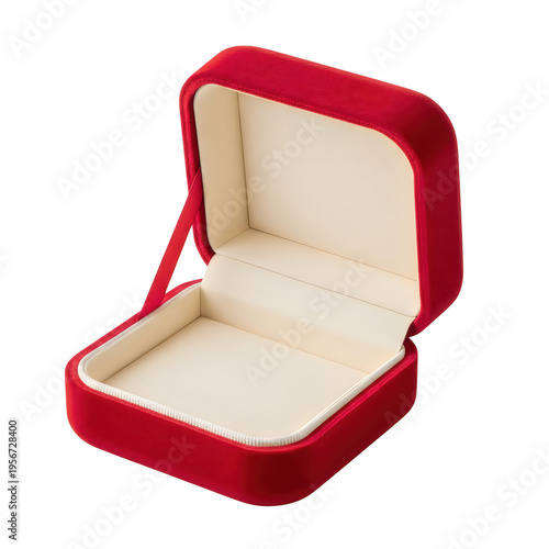 An open red velvet jewelry box with a cream colored interior