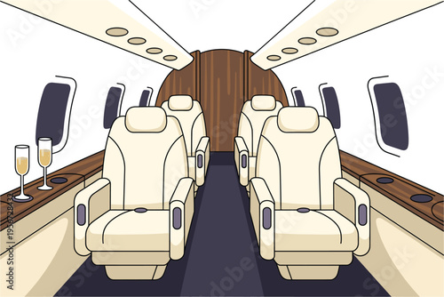 A luxurious private jet interior with comfortable seating and champagne glasses