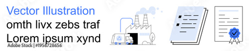 Industrial processes, certifications, documentation handling, legal services, business operations, and compliance management. Factory, documents and certification seal . Industrial processes