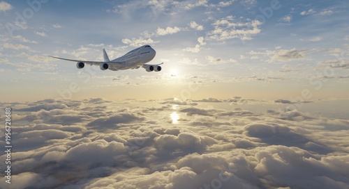Photos Passenger Jet Airplane Flying Above Clouds at Sunrise Over Ocean — Commercial Fl