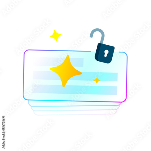 Modern vector illustration of stacked UI frames with bright gradient edges, open padlock icon. unlocked access, premium features enabled, full access subscription, user permission granted