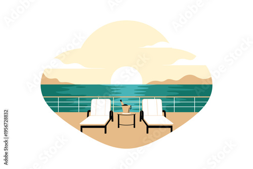 A serene beach scene with two lounge chairs and a table at sunset in a minimalist vector illustration