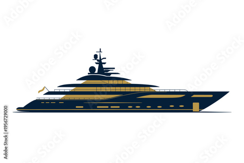 A sleek navy blue and gold luxury yacht vector illustration with a modern design