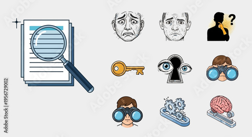 Research and Discovery: Magnifying Glass on Document, Brainstorming Icons, Problem Solving