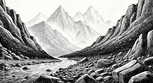 Dramatic Mountain Valley Sketch with River and Rocky Terrain