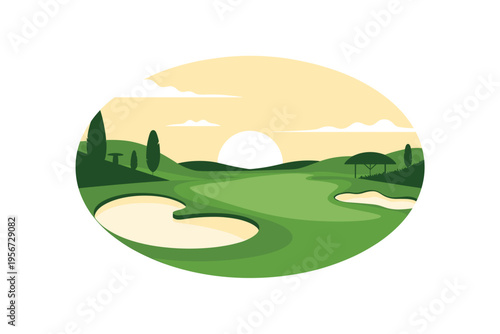 A serene golf course landscape at sunset with sand traps and trees in a minimalist vector illustration