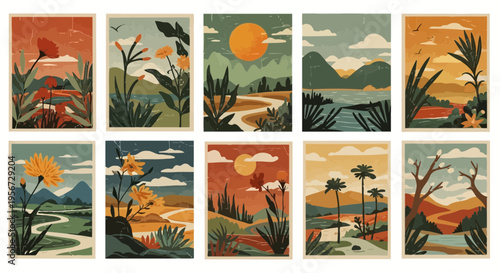 Retro Landscape Art: Vintage Nature Scenery with Mountains, Sun, and Flowers Collection