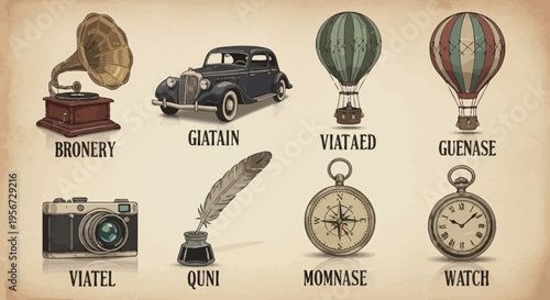 Vintage Objects Collection: Gramophone, Car, Hot Air Balloons, Camera, Quill, Compass, Pocket Watch