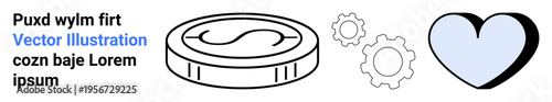 Financial management, technology, emotional connection, business innovation, monetary systems, teamwork. A coin, gears and a heart symbol are . Financial management and technology concept