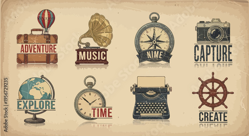 Vintage Travel Icons: Adventure, Music, Explore, Capture, Time, Create