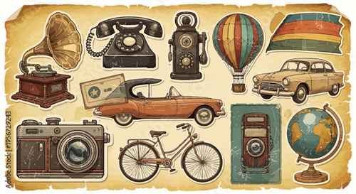 Vintage Collection: Retro Objects Collage - Old Car, Camera, Hot Air Balloon, Gramophone