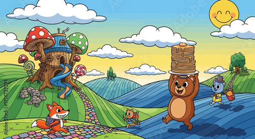 Whimsical Forest Friends Adventure: Bear with Pancakes, Fox, Cat, and Mushroom House