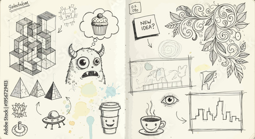 Doodle Sketchbook: Ideas, Monsters, and Coffee - Creative Brainstorming